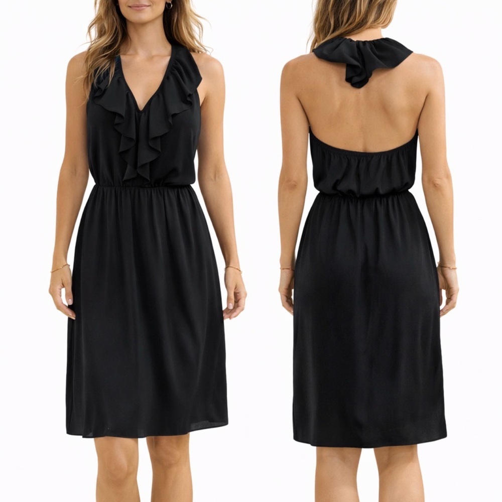 Anthropologie Amanda Uprichard Dress Black Medium 6 8 10 Silk Halter Back Open